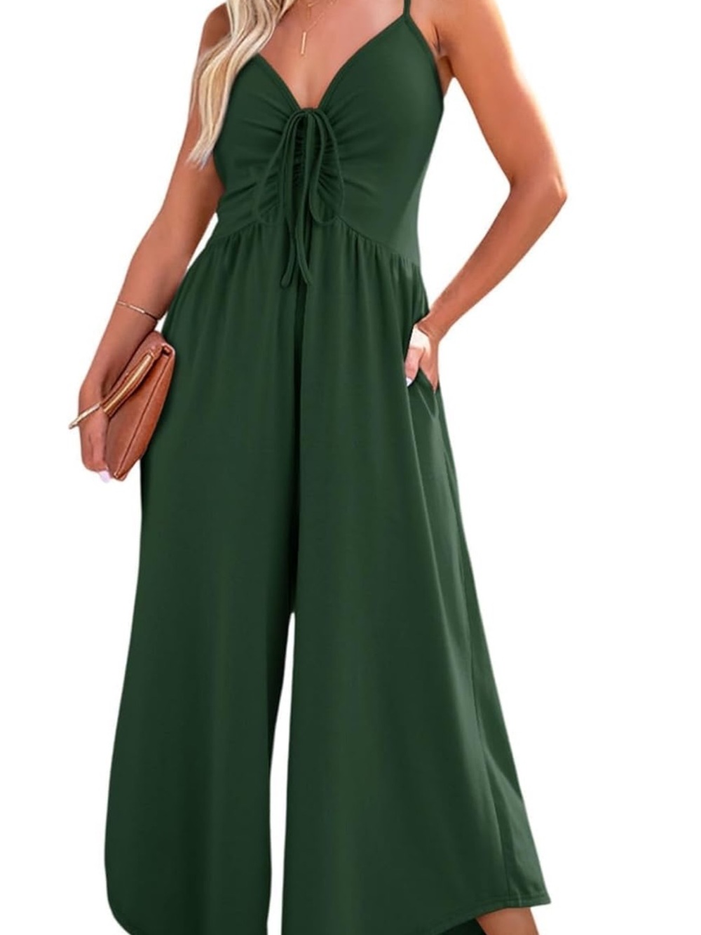 Tie-Front Dark Green Wide-Leg Jumpsuit